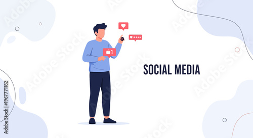 Man holding phone with social media icons, likes, hearts, and messages, social media concept