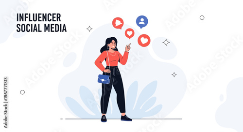 Influencer Social Media Woman with Icons: Like, Play, Follower, Heart