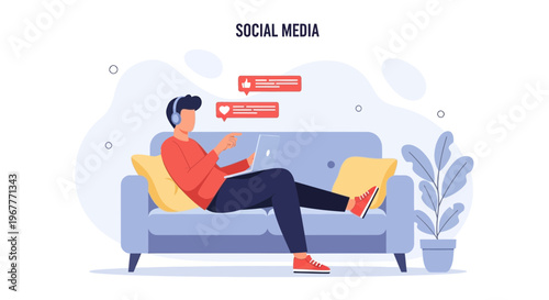 Man relaxing on sofa with laptop, social media notifications, modern illustration