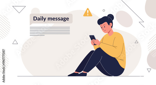 Woman with phone gets daily message notification with warning icon