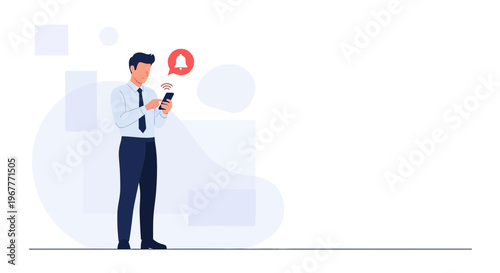 Man checking smartphone with notification bell icon, business concept