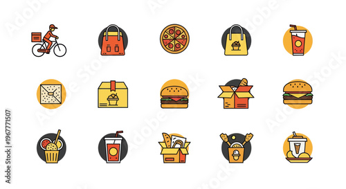 Fast Food Icons Set: Delivery, Pizza, Burger, Drinks, Ice Cream, Fried Chicken