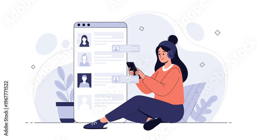 Woman with headphones texting on phone near social media profile list on screen