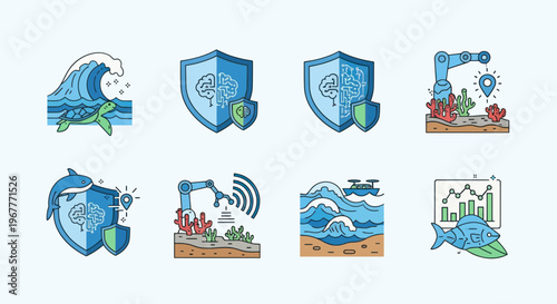 Ocean Technology Icons: AI, Robotics, Marine Life, and Conservation