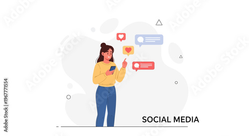 Woman Using Smartphone, Social Media Likes and Messages Notifications