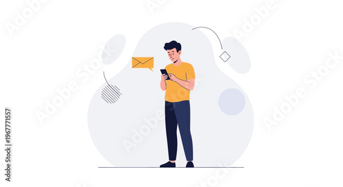 Man Using Smartphone for Messaging, Receiving Email Notification, Modern Flat Illustration