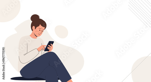 Woman Sitting Indoors Using Smartphone, Relaxed Pose, Modern Minimalist Design