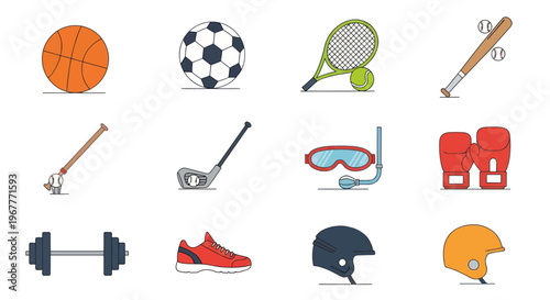 Collection of Sports Equipment Icons: Basketball, Soccer, Tennis, Baseball, Golf, Boxing, Diving, Dumbbell