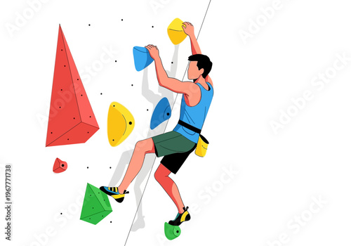 Man Climbing Indoor Rock Wall Exercising and Training.