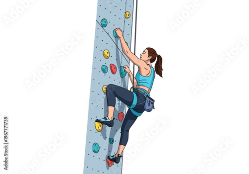 Woman Climbing Indoor Rock Wall with Determination and Strength.