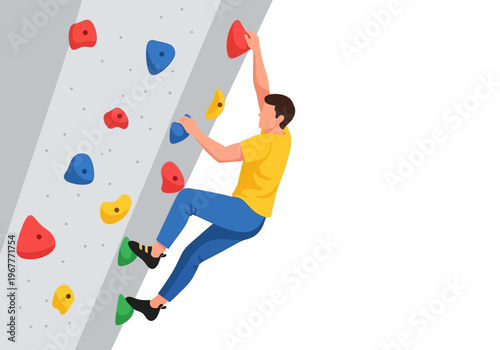 Man climbing on a colorful rock climbing wall indoors.