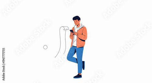 Young man using smartphone, leaning against wall, with toilet paper roll illustration