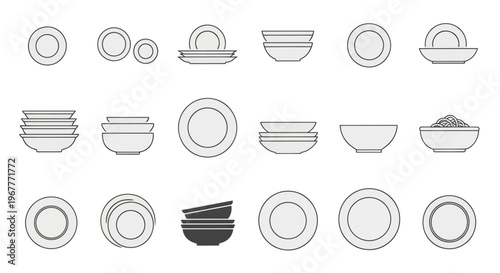 Collection of minimalist line art dishes, plates, and bowls, white background