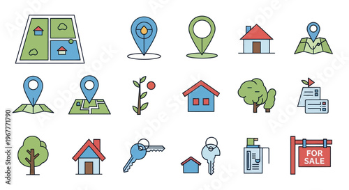 Real Estate Icons Set: Maps, Houses, Keys, For Sale Sign, Location Pins, Trees