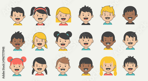Diverse Children Avatars: Happy Faces of Boys and Girls, Cartoon Style