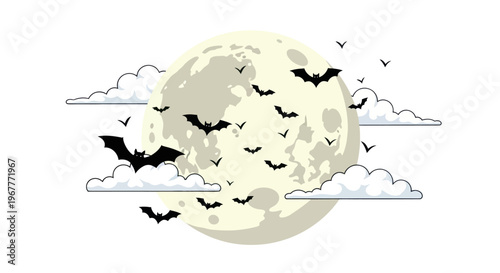 Spooky Bats Flying Around Full Moon with Clouds - Halloween Night