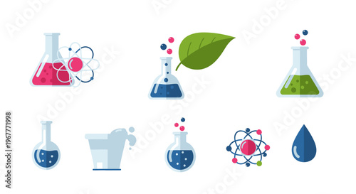 Science Icons: Chemistry, Biology, Research, Lab Equipment, Molecules, Leaf