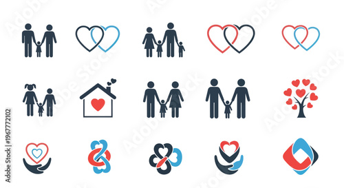 Family Love Icons Set: People, Hearts, Home, Tree, and Relationships