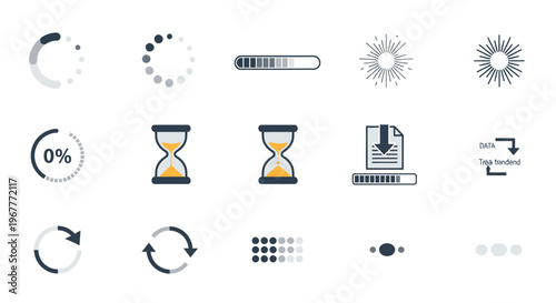 Collection of loading and progress icons: spinners, progress bars, hourglasses, refresh symbols