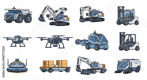Pixel Art Construction and Logistics Vehicles Collection: Drones, Excavators, Forklifts, Trucks