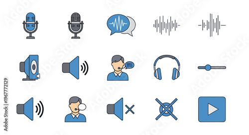 Audio Icons Collection: Microphone, Speaker, Headphones, Sound Waves, Volume Control