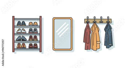 Hallway Entrance Scene: Shoe Rack, Mirror, and Coat Hooks with Outerwear