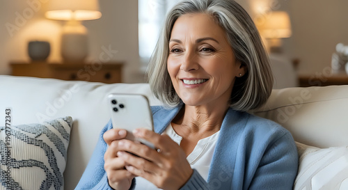 A smiling older woman sitting on a couch and using her smartphone in a cozy living room
