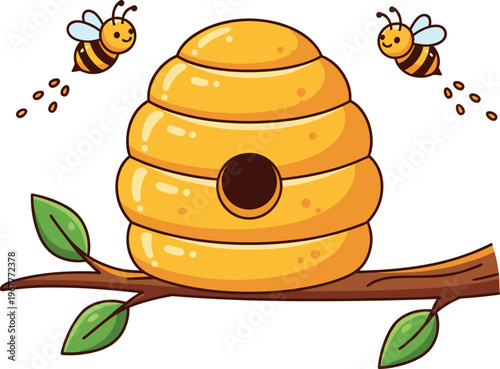Cartoon illustration of beehive on tree branch with flying bees, nature ecosystem concept, honey production, pollination, environmental wildlife, productivity, springtime insect scene