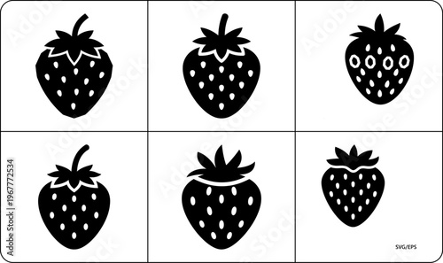 Minimalist two-row collection of black strawberry shapes with white seeds and stems in simple vector style