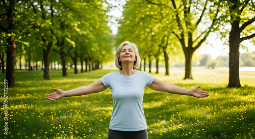 A serene woman stands in a lush green park with her arms outstretched, embracing nature's beauty and tranquility.
