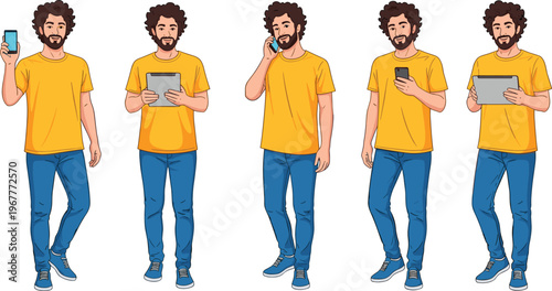 Cartoon illustration of man with curly hair and beard using smartphone and tablet in multiple poses, symbolizing digital communication, technology, and modern lifestyle concepts