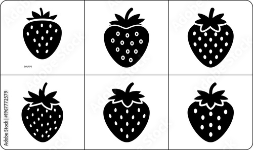Six black strawberry shapes with white seeds and stems in minimalist two-row vector layout with format label
