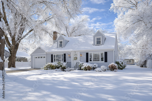 Snow covered residential home with frosted trees and bright blue sky, creating peaceful winter scene in quiet neighborhood with soft sunlight and fresh snow blanket
