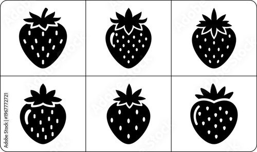 Six glossy black strawberry shapes with white highlights in minimalist two-row rounded layout