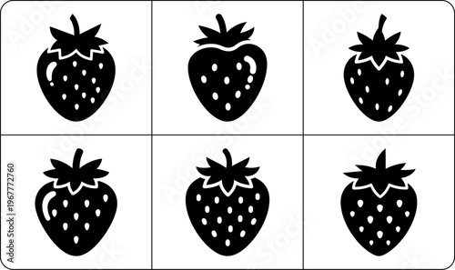 Symmetrical black strawberry shapes with white outlines in clean two-row minimalist layout with bold flat style