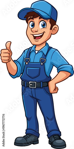 Cartoon illustration of smiling handyman character in blue overalls, cap, and shirt giving thumbs-up gesture, symbolizing service, repair, maintenance, mechanic, technician, and friendly worker