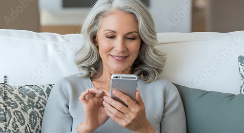 A senior woman relaxing on a couch and using her smartphone with a smile