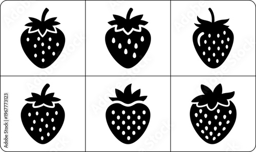 Six black strawberry shapes with white outlines and seeds in minimalist two-row layout with rounded edges