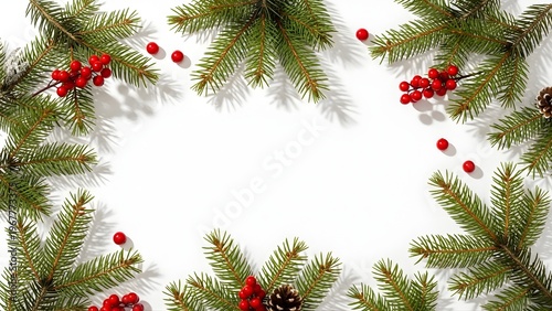 Christmas flat lay composition with spruce branches, red berries on white background with copy space