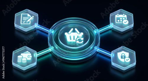 futuristic ecommerce shopping basket ecosystem with glowing neon blue icons for secure payment wallet protection shield calendar scheduling and digital contract agreement