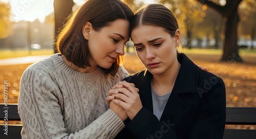 Two women sitting together on a park bench holding hands and showing support and care for each other