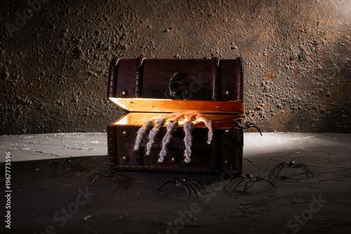 Old treasure chest with ske...