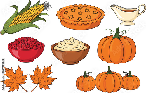 Cartoon Thanksgiving and autumn harvest illustration featuring pumpkin pie, corn, gravy boat, cranberries, mashed potatoes, pumpkins, and maple leaves for seasonal food and holiday design concepts