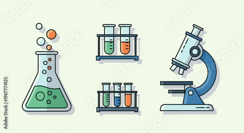 Science Lab Equipment Flat Illustration: Beaker, Test Tubes, Microscope, Bubbles