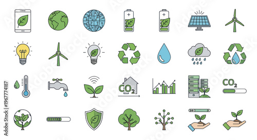 Eco Friendly Icons Set: Renewable Energy, Sustainability, Green Technology, Environment