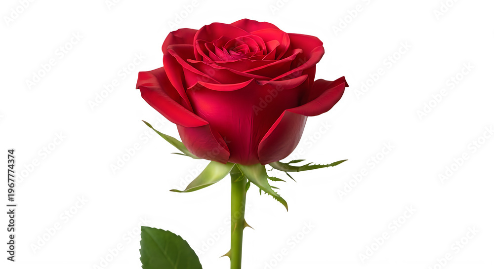 Naklejka premium Beautiful single red rose with green stem and leaves isolated on transparent background