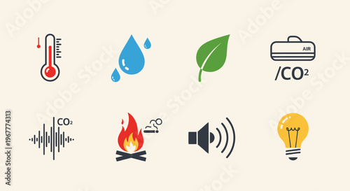Environmental Icons: Temperature, Water, Leaf, Air Quality, Sound, Fire, Light Bulb