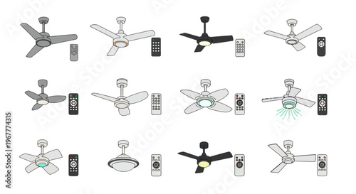 Collection of Modern Ceiling Fans with Remote Controls, Various Designs and Colors