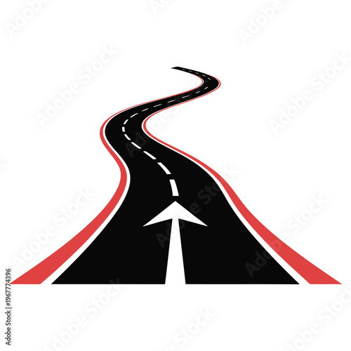 A winding road with a white arrow symbolizing forward progress and decision making