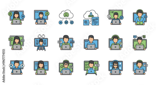 Diverse People Working Remotely, Online Collaboration, Digital Communication Icons
